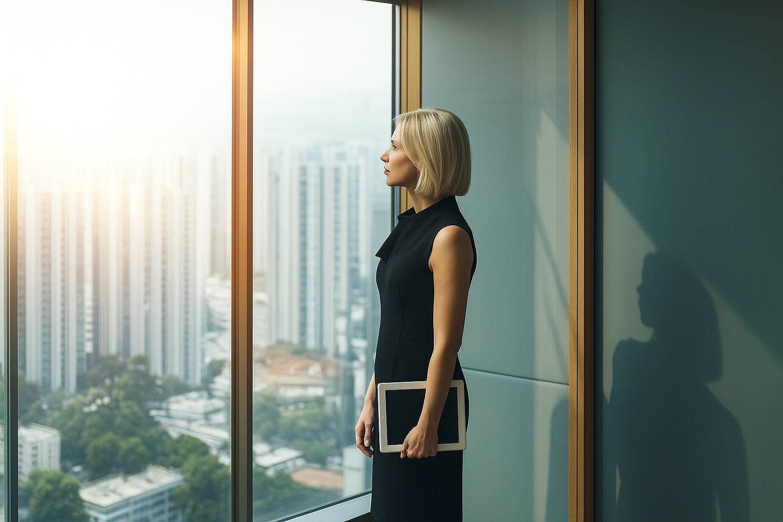 Professional woman in modern office with city view
